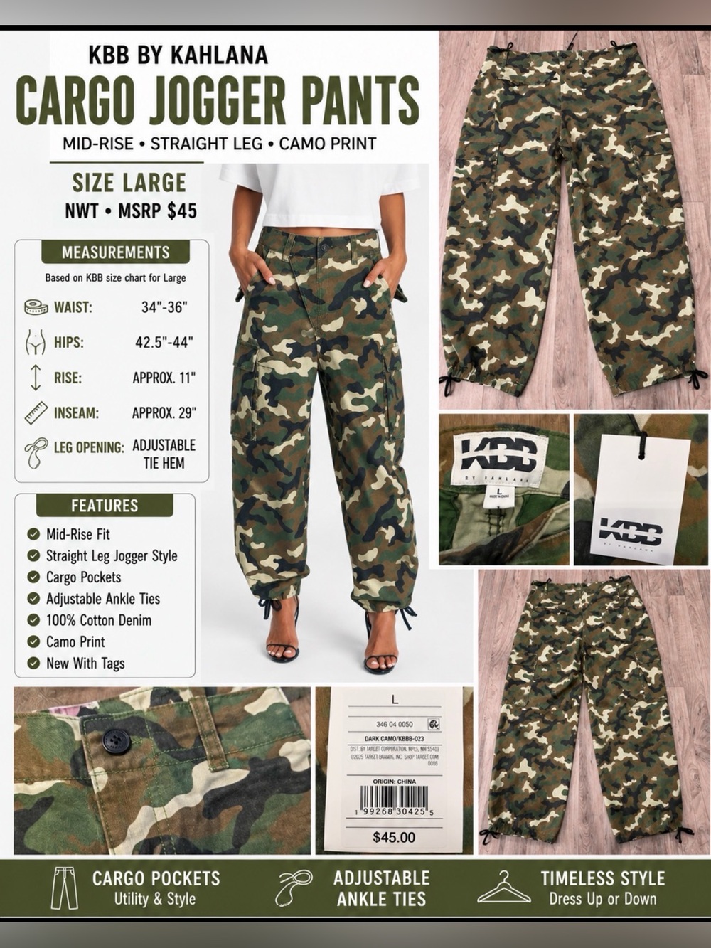 KBB by Kahlana Camo Cargo Jogger Pants NWT Size Large MSRP $45